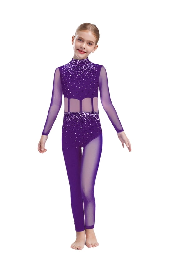 Girls Sparkly Diamond Gymnastics Unitard Long Sleeve Full Body Skating Jumpsuit Ballet Dance Bodysuit Purple 6