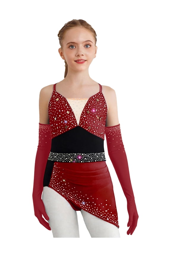 Girls Sparkly Rhinestone Latin Jazz Dance Dress with Gloves Sleeveless Criss Cross Back Hi-Lo Lyrical Dance Dress Burgundy 8