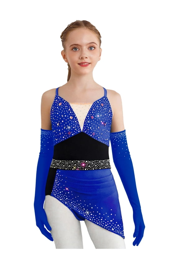 Girls Sparkly Rhinestone Latin Jazz Dance Dress with Gloves Sleeveless Criss Cross Back Hi-Lo Lyrical Dance Dress Royal Blue 6