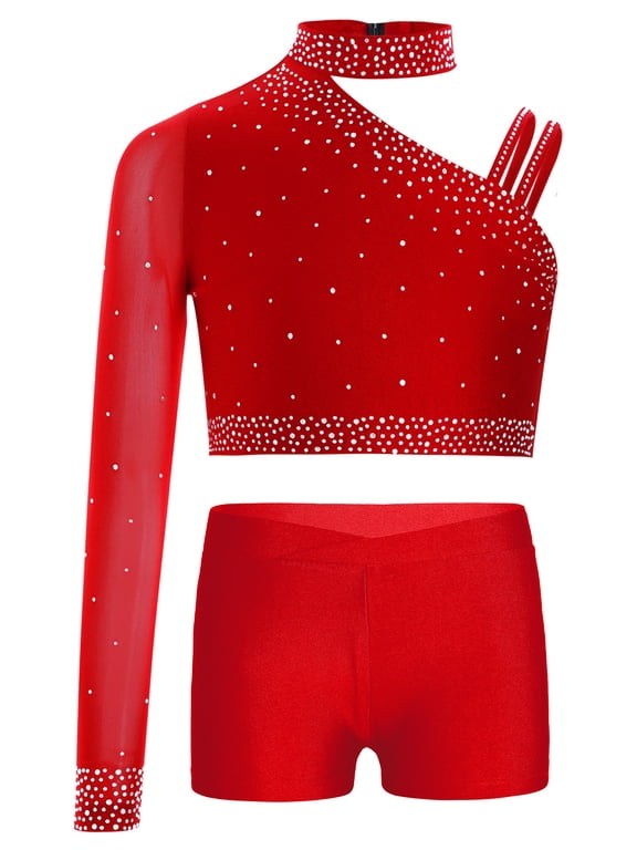 Gymnastic Dance Outfits for Girls Latin Jazz Dance Performance Costumes Athletic Sports Workout Red 8