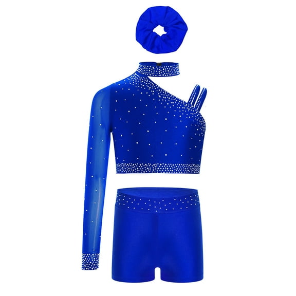 Haitryli Gymnastics Leotard for Girls 2 Piece Dance Tracksuit Outfit Rhinestone Mesh Crop Top with Shorts Hairband Set Blue 6