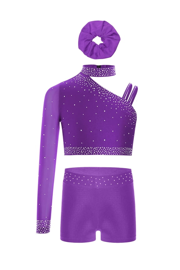 Gymnastics Leotard for Girls 2 Piece Dance Tracksuit Outfit Rhinestone Mesh Crop Top with Shorts Hairband Set Purple 6