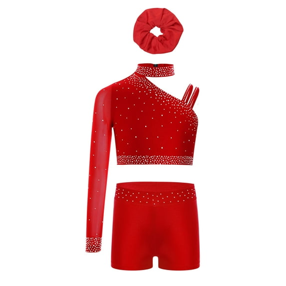 Haitryli Gymnastics Leotard for Girls 2 Piece Dance Tracksuit Outfit Rhinestone Mesh Crop Top with Shorts Hairband Set Red 6