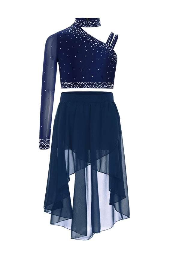 Gymnastics Leotard for Girls Crop Top with Skirt Set Lyrical Dance Outfits Ballet Costume for Performance Navy Blue 16