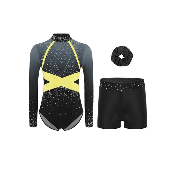 Haitryli Gymnastics Leotard for Girls Long Sleeve Color Block Athletic Tumbling Dance Unitard with Shorts Hairband Set Gray 8