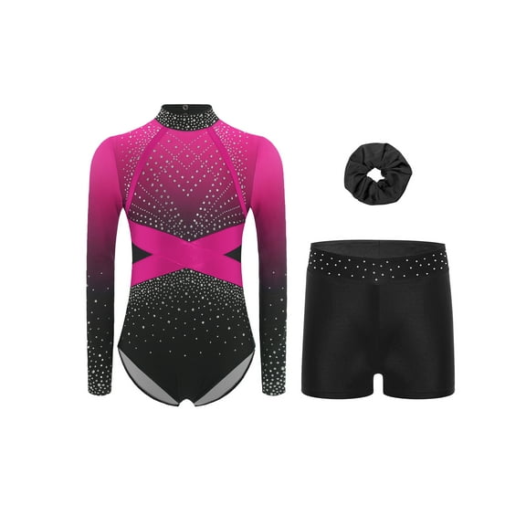 Haitryli Gymnastics Leotard for Girls Long Sleeve Color Block Athletic Tumbling Dance Unitard with Shorts Hairband Set Hot Pink 6
