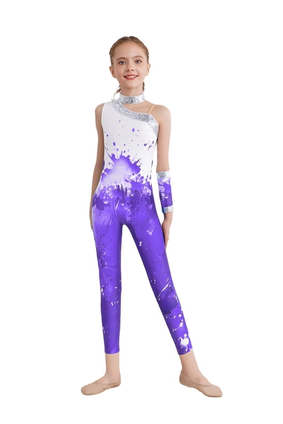 Gymnastics Leotard for Girls Sequins Asymmetrical Sleeveless Full Body Dance Unitards Catsuit Purple 12