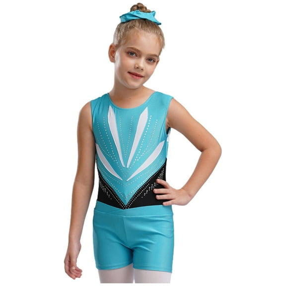 Haitryli Gymnastics Leotard for Girls Shiny Rhinestones Ballet Dance Unitard with Shorts Hair Band Set Blue Green 10