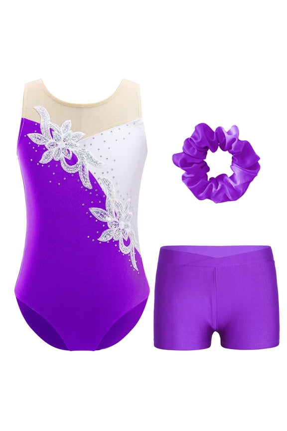 Gymnastics Leotard for Girls Sparkle Ballet Dance Bodysuit Unitards Biketards with Shorts Kids Dancewear Purple 16