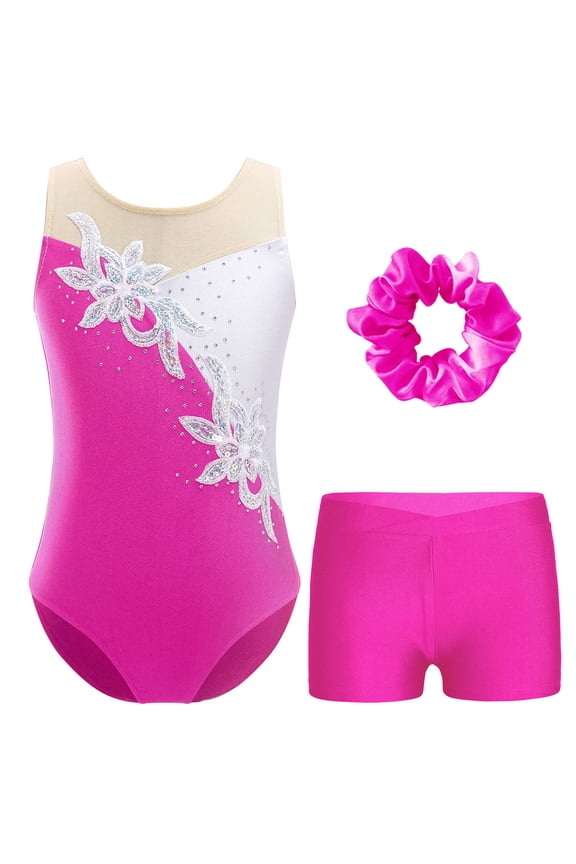Gymnastics Leotard for Girls Sparkle Ballet Dance Bodysuit Unitards Biketards with Shorts Kids Dancewear Rose 14