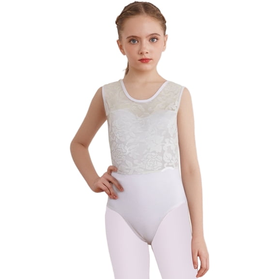 Haitryli Gymnastics Leotard for Girls Velvet Floral Print Dance Unitard for Ballet One Piece Athletic Outfits White 120