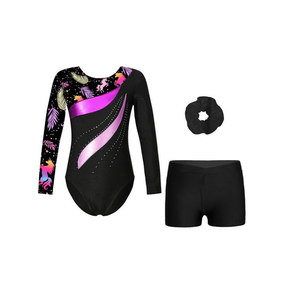 Haitryli Gymnastics Leotards for Girls Ballet Dance Unitards Tumbling Outfits Hair Scrunchie Bodysuits Black 14