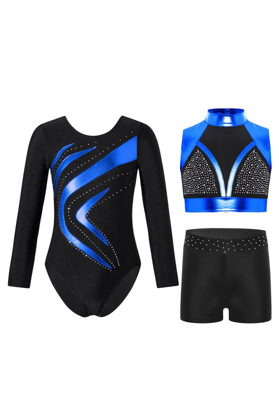 Gymnastics Leotards for Girls Dance Tumbling Outfit Active Set Crop Top with Shorts Ballet Jazz Dance Wear Blue 6