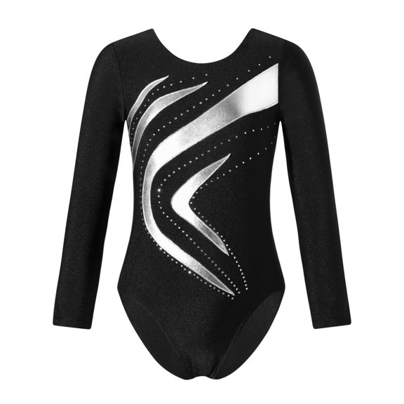 Haitryli Gymnastics Leotards for Girls Long Sleeve Bodysuit Ballet Dance Unitard Kids Sparkly Wave Athletic Dance Tops Silver 8