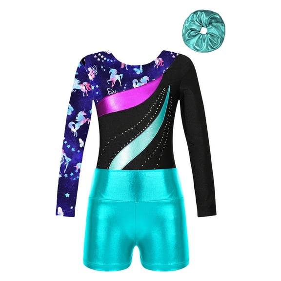 Haitryli Gymnastics Leotards for Girls Long Sleeve Dance Unitards Biketards with Metallic Shorts and Headwear Blue Green 12