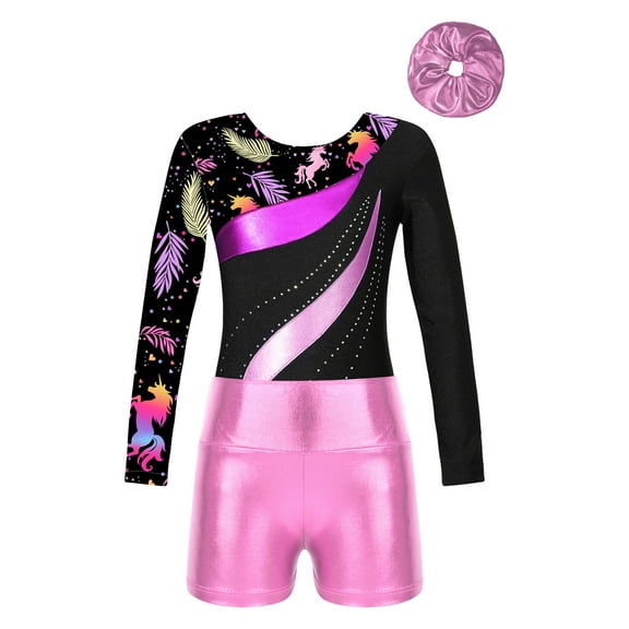 Haitryli Gymnastics Leotards for Girls Long Sleeve Dance Unitards Biketards with Metallic Shorts and Headwear Pink 4