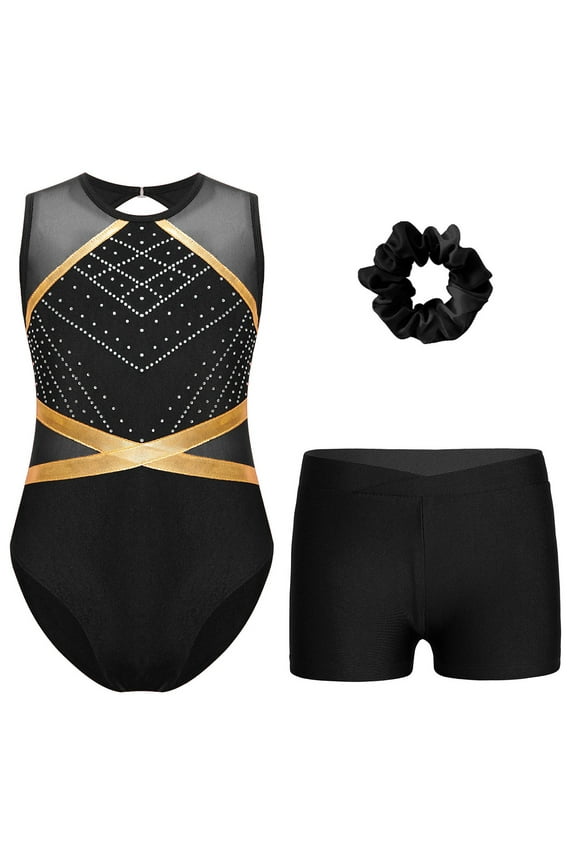 Gymnastics Leotards for Girls Sparkle Ballet Dance Unitard Biketard Athletic Shorts and Hair Tie Set Black 10