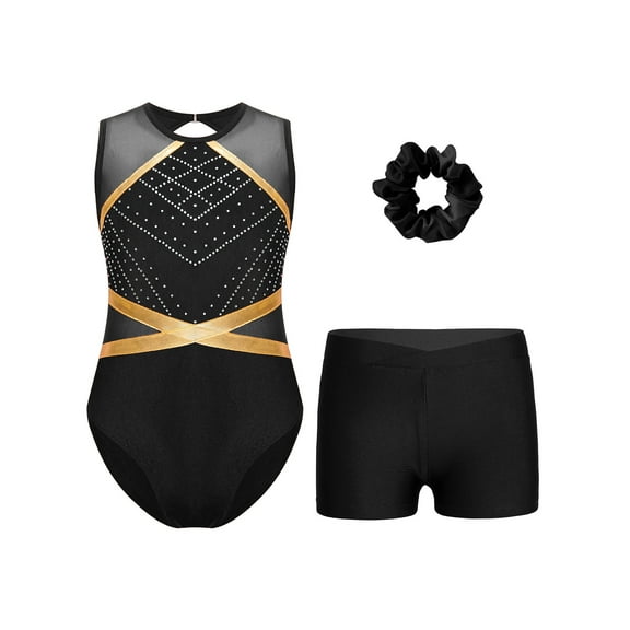 Haitryli Gymnastics Leotards for Girls Sparkle Ballet Dance Unitard Biketard Athletic Shorts and Hair Tie Set Black 8