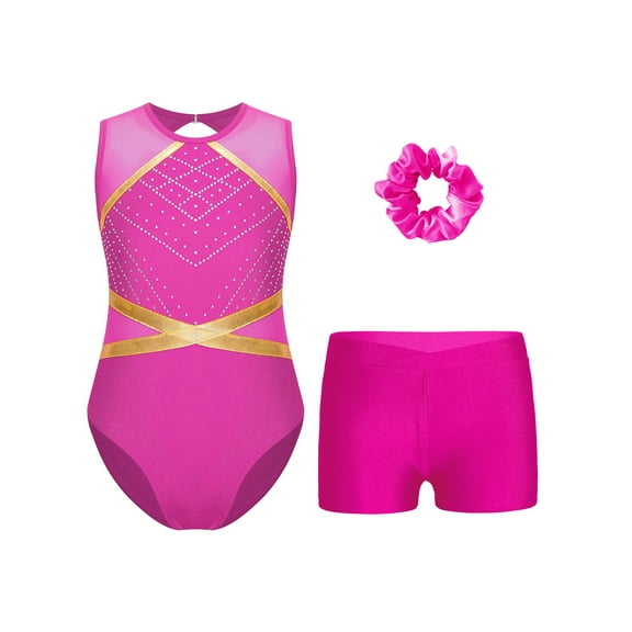 Haitryli Gymnastics Leotards for Girls Sparkle Ballet Dance Unitard Biketard Athletic Shorts and Hair Tie Set Hot Pink 12