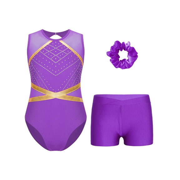 Haitryli Gymnastics Leotards for Girls Sparkle Ballet Dance Unitard Biketard Athletic Shorts and Hair Tie Set Purple 8