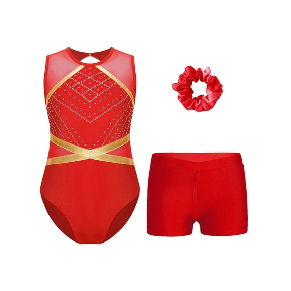 Haitryli Gymnastics Leotards for Girls Sparkle Ballet Dance Unitard Biketard Athletic Shorts and Hair Tie Set Red 10