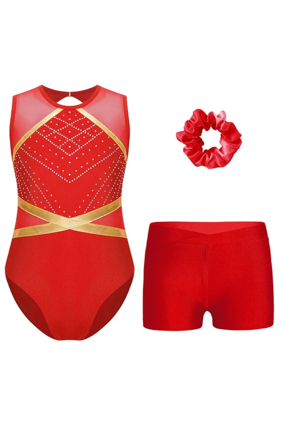 Gymnastics Leotards for Girls Sparkle Ballet Dance Unitard Biketard Athletic Shorts and Hair Tie Set Red 8