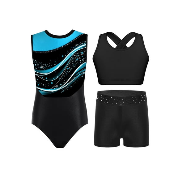 Haitryli Gymnastics Leotards for Girls Sparkle Sleeveless Ballet Dance Unitard Biketard Vest Tops with Shorts Set Sportwear Light Blue 6