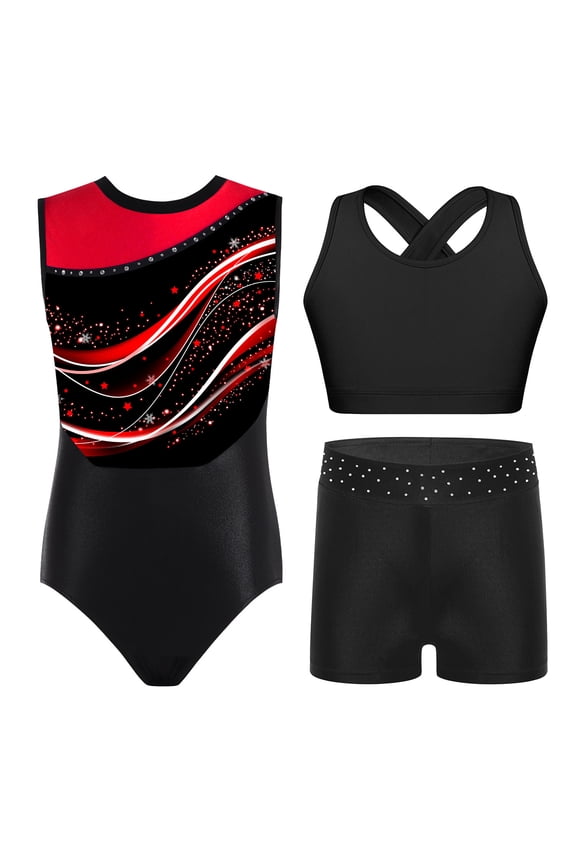 Gymnastics Leotards for Girls Sparkle Sleeveless Ballet Dance Unitard Biketard Vest Tops with Shorts Set Sportwear Red 16