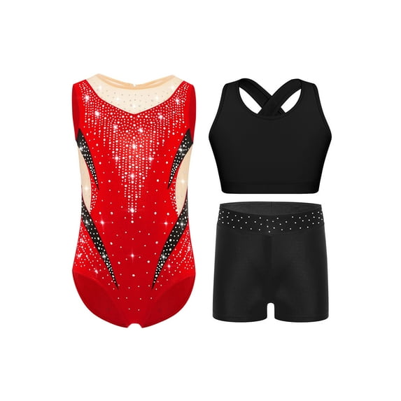 Haitryli Gymnastics Leotards for Girls Sparkly Sleeveless Ballet Dance Unitard Tumbling Biketard Vest Sport Bra with Shorts Set Red 8