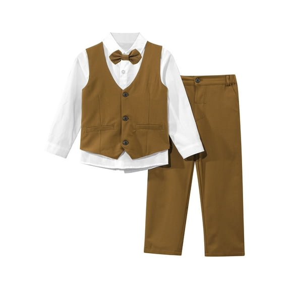 Haitryli Kid Boys 4Pcs Formal Suit Bow Tie Long Sleeve Dress Shirt Vest Pants Set Gentlemen Suit for Wedding Brown 9-12 Months
