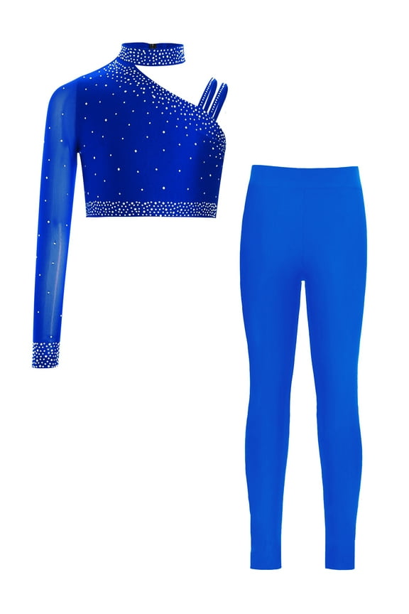 Kid Girls Figure Ice Skating Dance Outfits Crop Tops and Athletic Leggings 2Pcs Set Gymnastics Tracksuit Blue 6