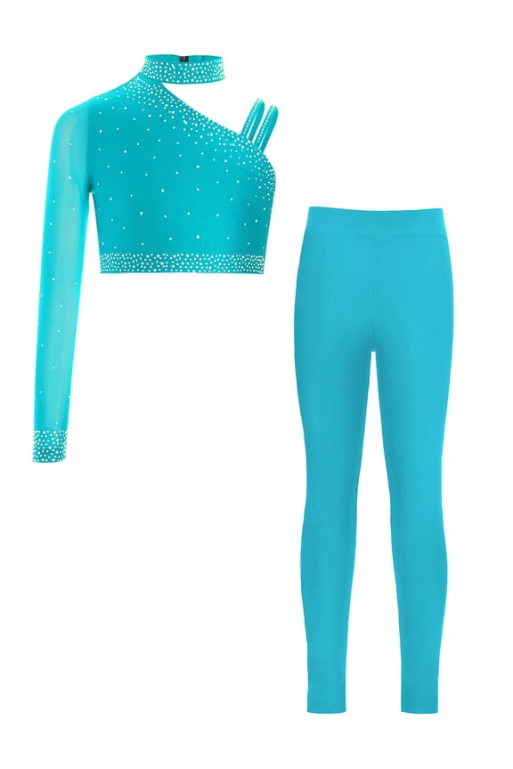 Kid Girls Figure Ice Skating Dance Outfits Crop Tops and Athletic Leggings 2Pcs Set Gymnastics Tracksuit Blue Green 16