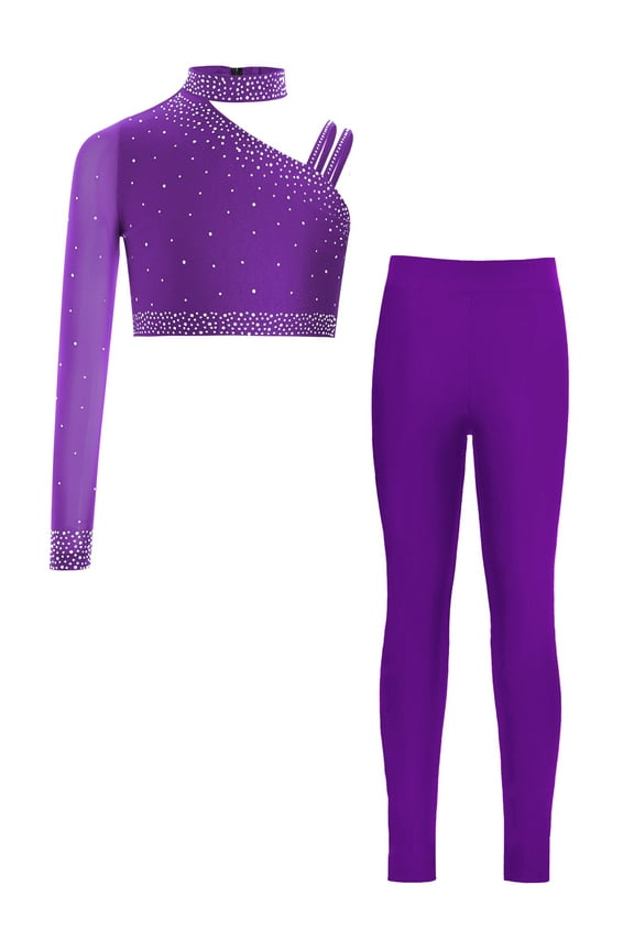 Kid Girls Figure Ice Skating Dance Outfits Crop Tops and Athletic Leggings 2Pcs Set Gymnastics Tracksuit Purple 6