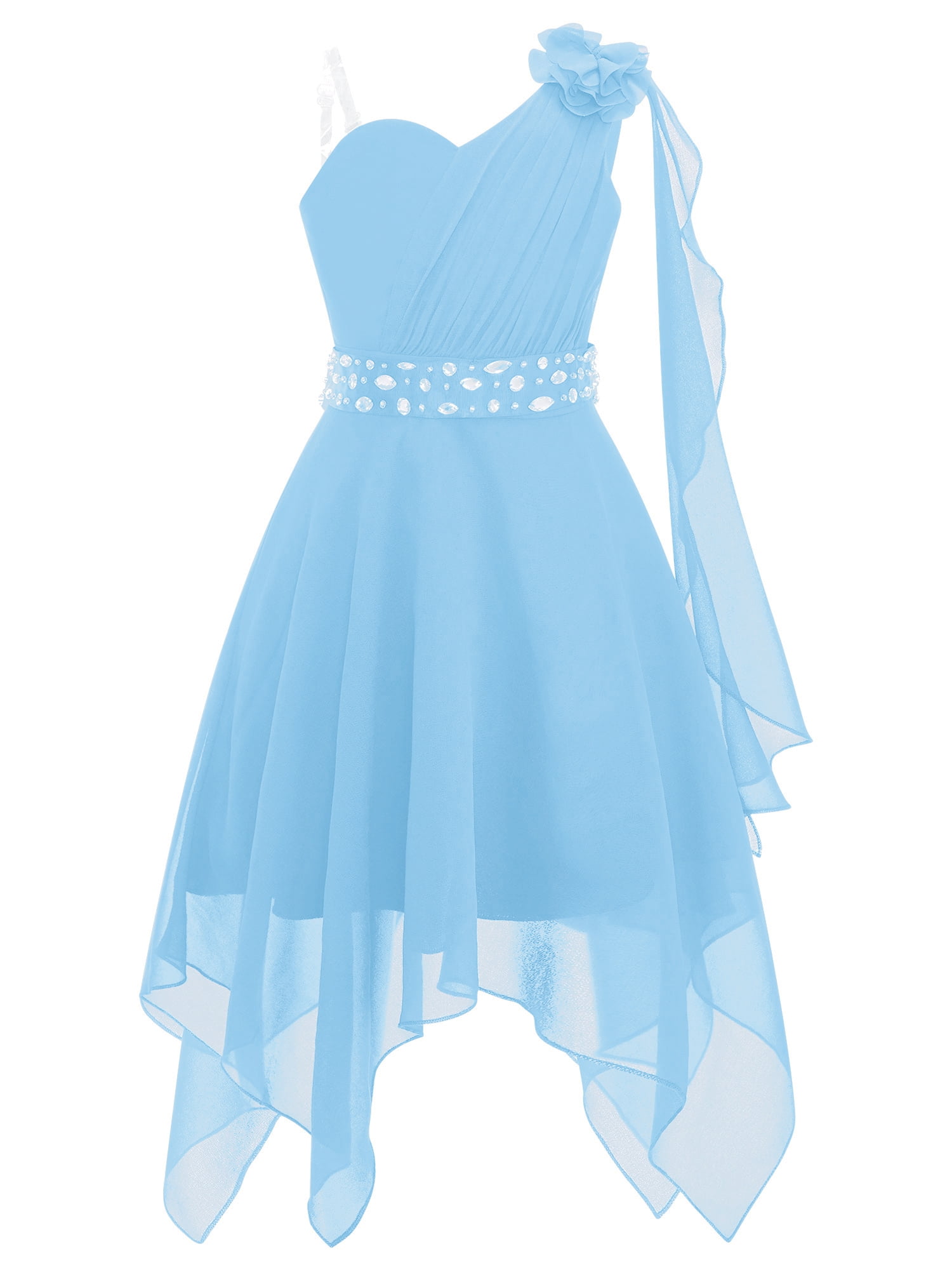 Haitryli Kid Girls One Shoulder Birthday Party Dress Beaded Sash Junior Bridesmaid  Dress Formal Gown Light Blue 16 - Walmart.com