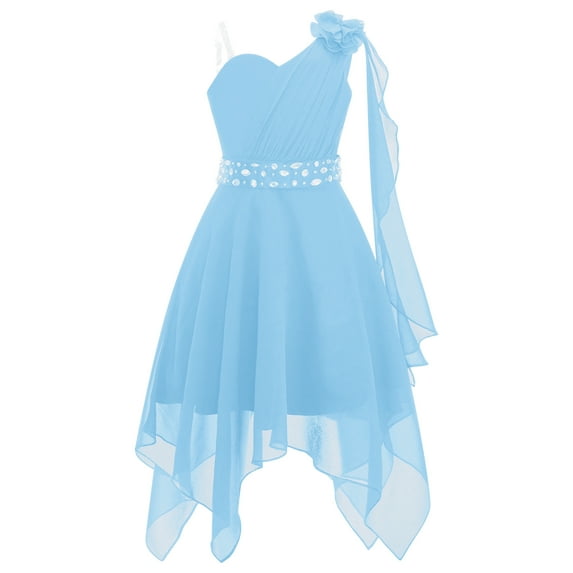 Haitryli Kid Girls One Shoulder Birthday Party Dress Beaded Sash Junior Bridesmaid Dress Formal Gown Light Blue 16