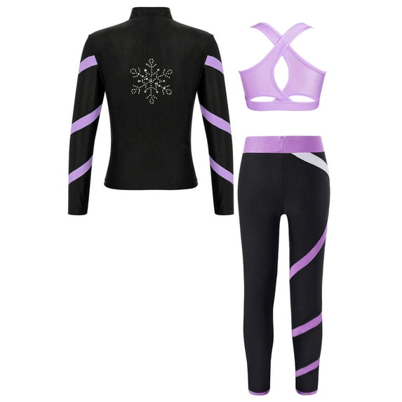 Haitryli Kids 3 Piece Dance Outfit Girls Ice Skating Jacket Sport Bra Tank and Gymnastics Pants Set Lavender 14