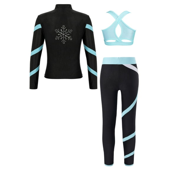 Haitryli Kids 3 Piece Dance Outfit Girls Ice Skating Jacket Sport Bra Tank and Gymnastics Pants Set Light Blue 12