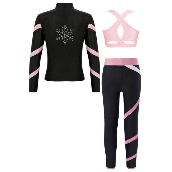 Haitryli Kids 3 Piece Dance Outfit Girls Ice Skating Jacket Sport Bra Tank and Gymnastics Pants Set Pink 10