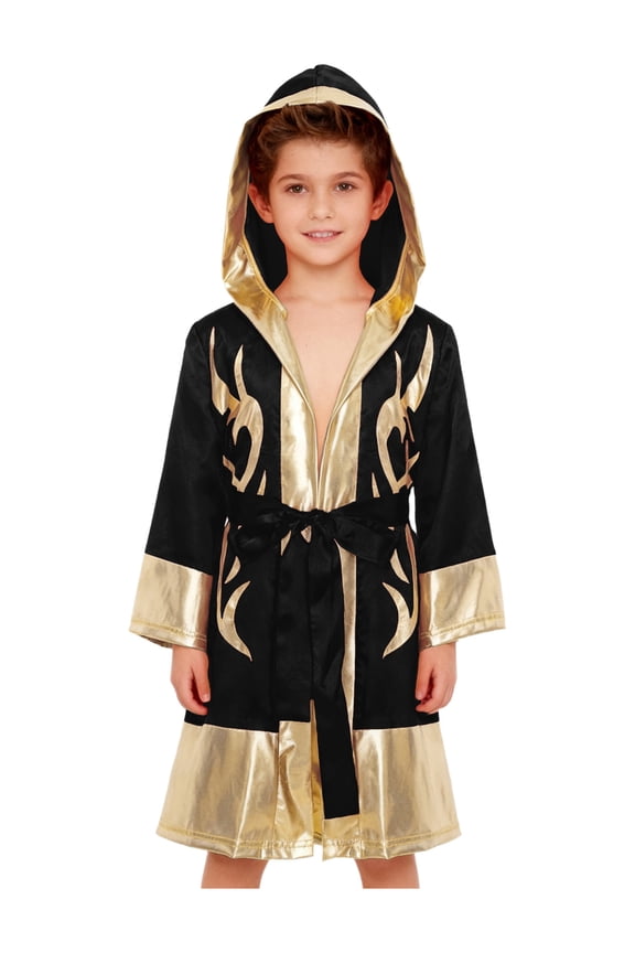 Kids Boys Boxer Themed Outfit Boxing Training Outfit Satin Metallic Hooded Boxing Robes Cloak with Belt Black Gold 8