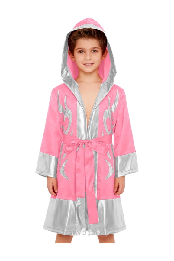 Kids Boys Boxer Themed Outfit Boxing Training Outfit Satin Metallic Hooded Boxing Robes Cloak with Belt Pink Silver 8