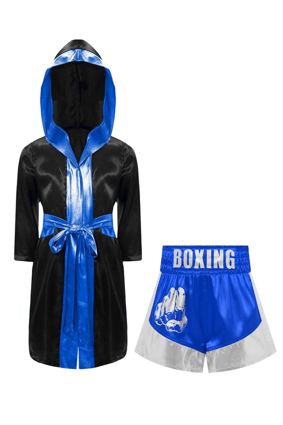 Kids Boys Boxing Outfits Boxer Training Outfits Fancy Dress Satin Boxing Robes with Belt And Shorts Black&Blue&Silver 6