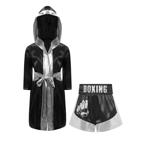 Haitryli Kids Boys Boxing Outfits Boxer Training Outfits Fancy Dress Satin Boxing Robes with Belt And Shorts Black&Silver 8