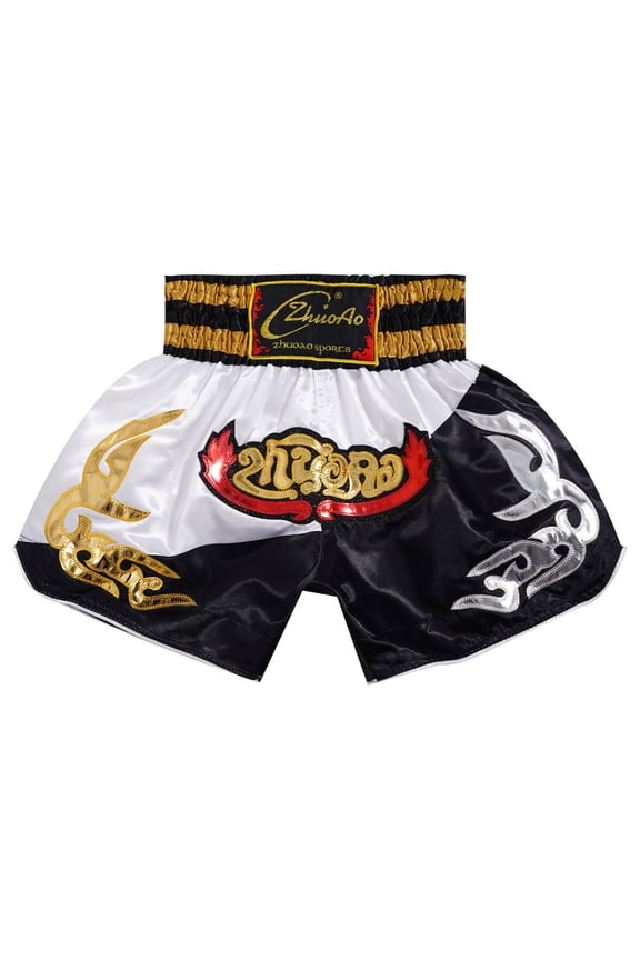 Kids Boys Boxing Shorts Boxing Trunk Running Workout Athletic Shorts Elastic Waistband Side Black&White XS/130