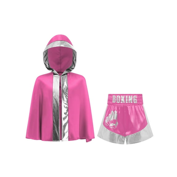 Haitryli Kids Boys Boxing Training Outfit Open Front Cloak With Print Shorts Kickboxing Competition Hot Pink Silver 6