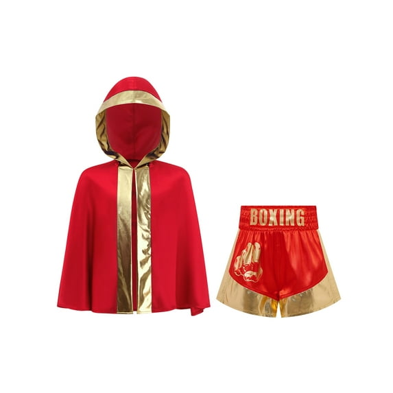 Haitryli Kids Boys Boxing Training Outfit Open Front Cloak With Print Shorts Kickboxing Competition Red Gold 10