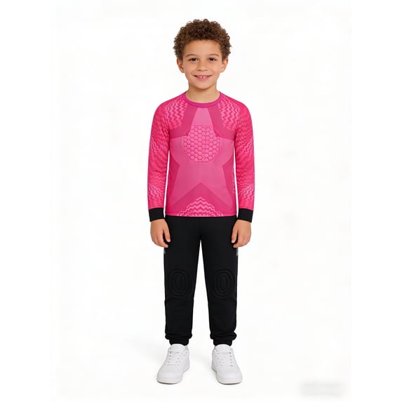 Haitryli Kids Boys Football Training Suit Padded Soccer Jersey Goalie Top And Leggings Goalkeeper Kit Hot Pink 24-XXS