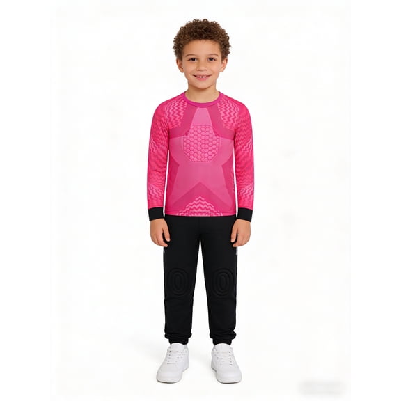 Haitryli Kids Boys Football Training Suit Padded Soccer Jersey Goalie Top And Leggings Goalkeeper Kit Hot Pink 24-XXS