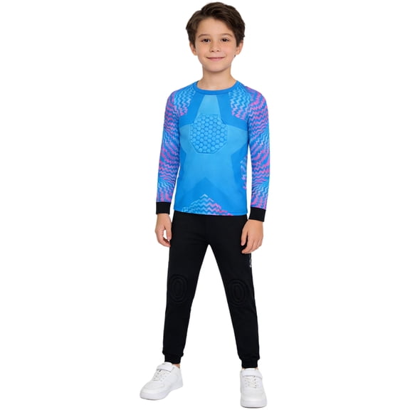 Haitryli Kids Boys Football Training Suit Padded Soccer Jersey Goalie Top And Leggings Goalkeeper Kit Light Blue 24-XXS