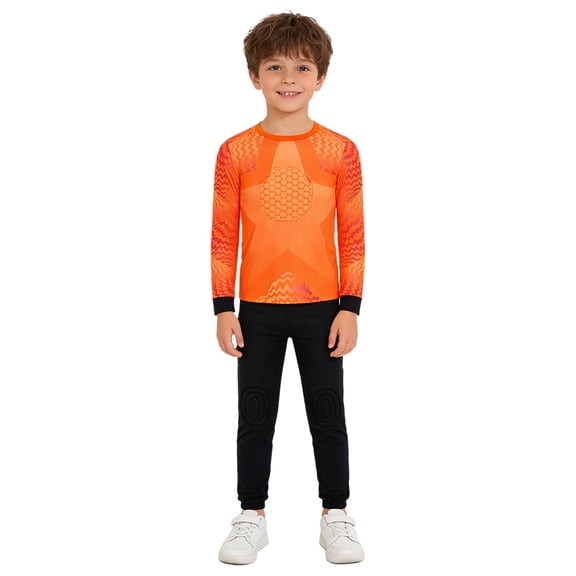 Haitryli Kids Boys Football Training Suit Padded Soccer Jersey Goalie Top And Leggings Goalkeeper Kit Orange 26-XS