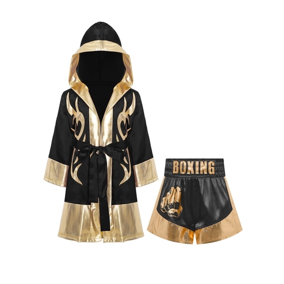 Haitryli Kids Boys Girls 2pcs Boxing Uniform Robe Shorts Kickboxing Muay Thai Combat Martial Arts Tracksuit Black Gold 12